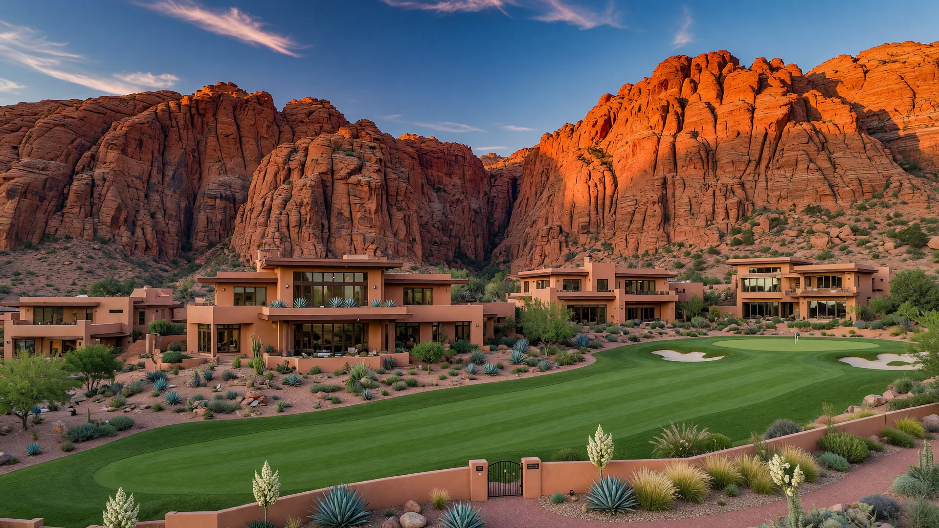 AI-rendered concept image of gated luxury desert homes at the foot of red sandstone cliffs near Snow Canyon, Utah