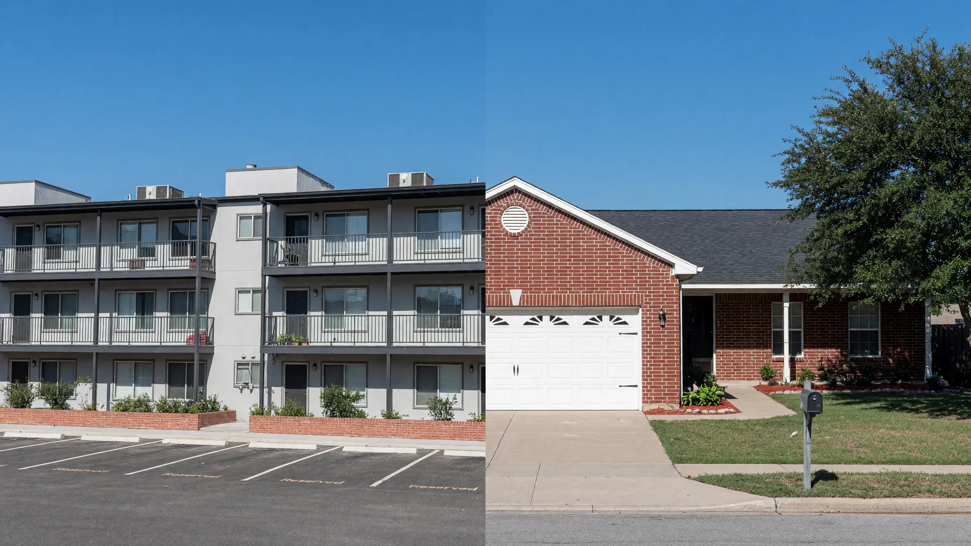 Split image of a modern apartment building and a single-family brick Texas home