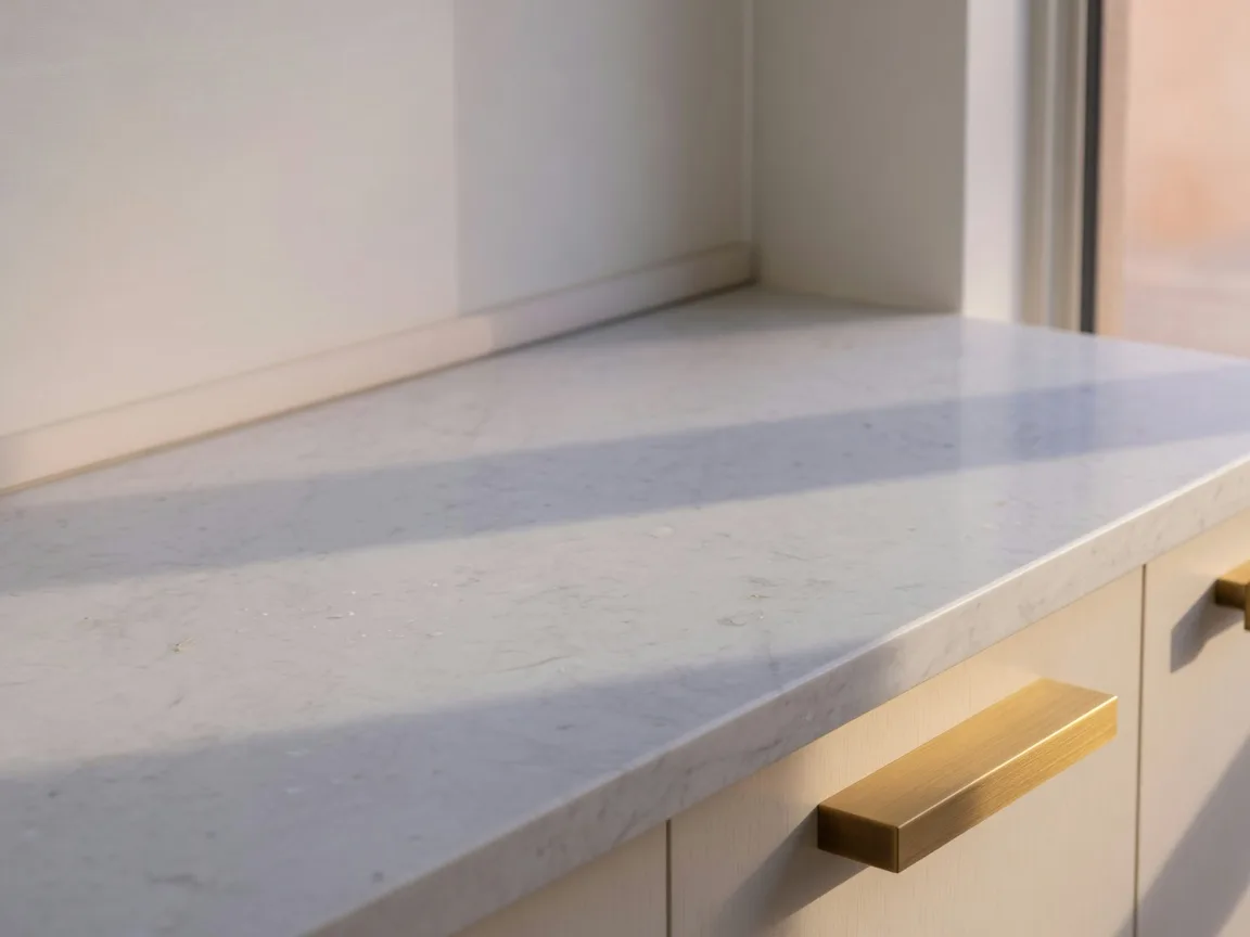 Luxury kitchen detail with honed marble and brushed brass hardware