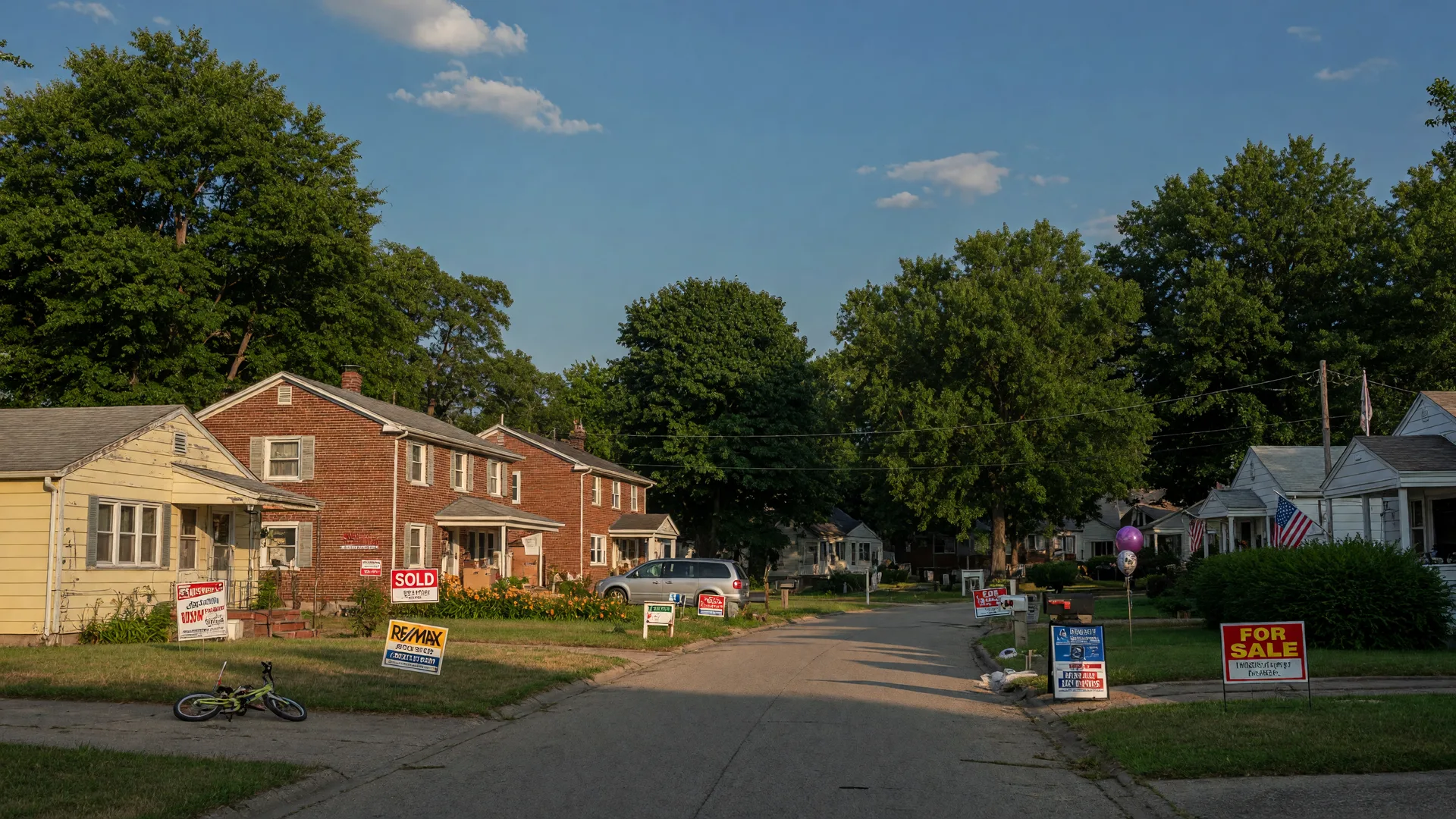 A suburban street in Dayton Ohio with a mix of For Sale and Sold signs in front of homes on a warm summer afternoon