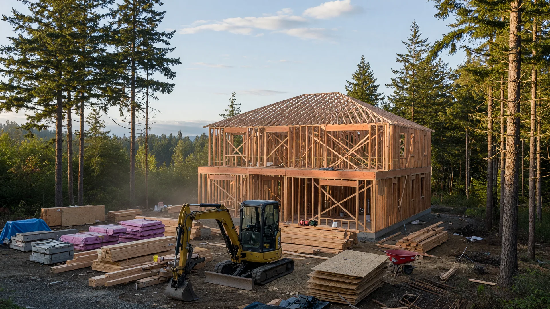 New home construction framing in the Pacific Northwest on a late-summer morning with evergreens surrounding the lot