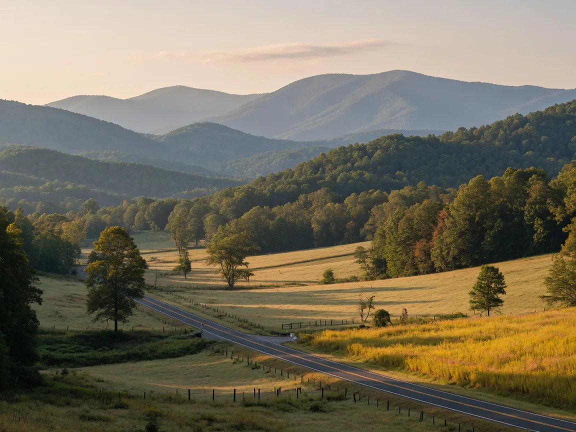 Layered blue-green foothill ridges near Dawsonville in late-afternoon light with a winding valley road
