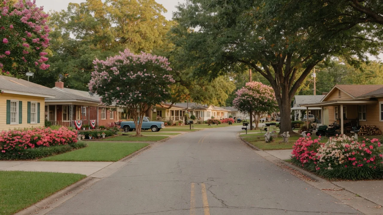 Established North Augusta SC street with mature oaks and classic ranch and craftsman homes