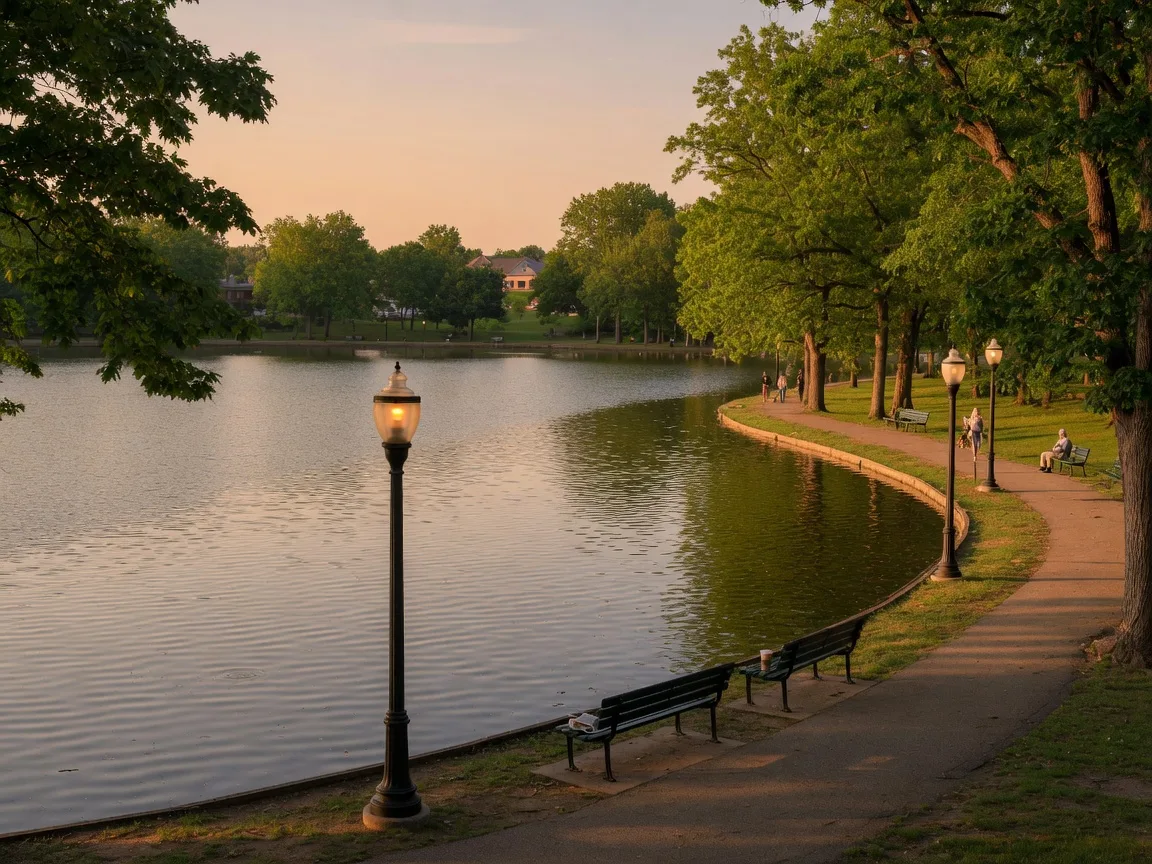 Scenic Ridley Park Lake on a calm afternoon with walking paths, benches, mature trees, and vintage park lamps along the shoreline
