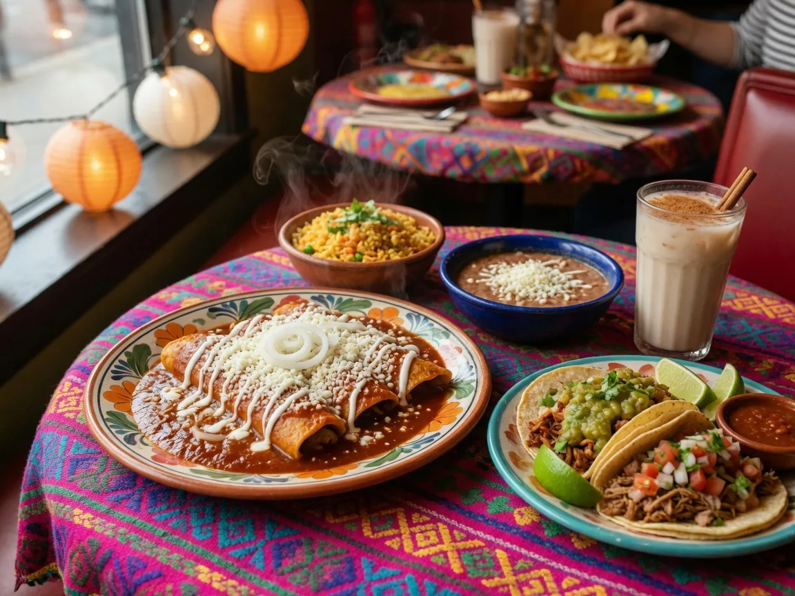 Enchiladas and tacos with rice, beans and horchata at a family-run Mexican restaurant