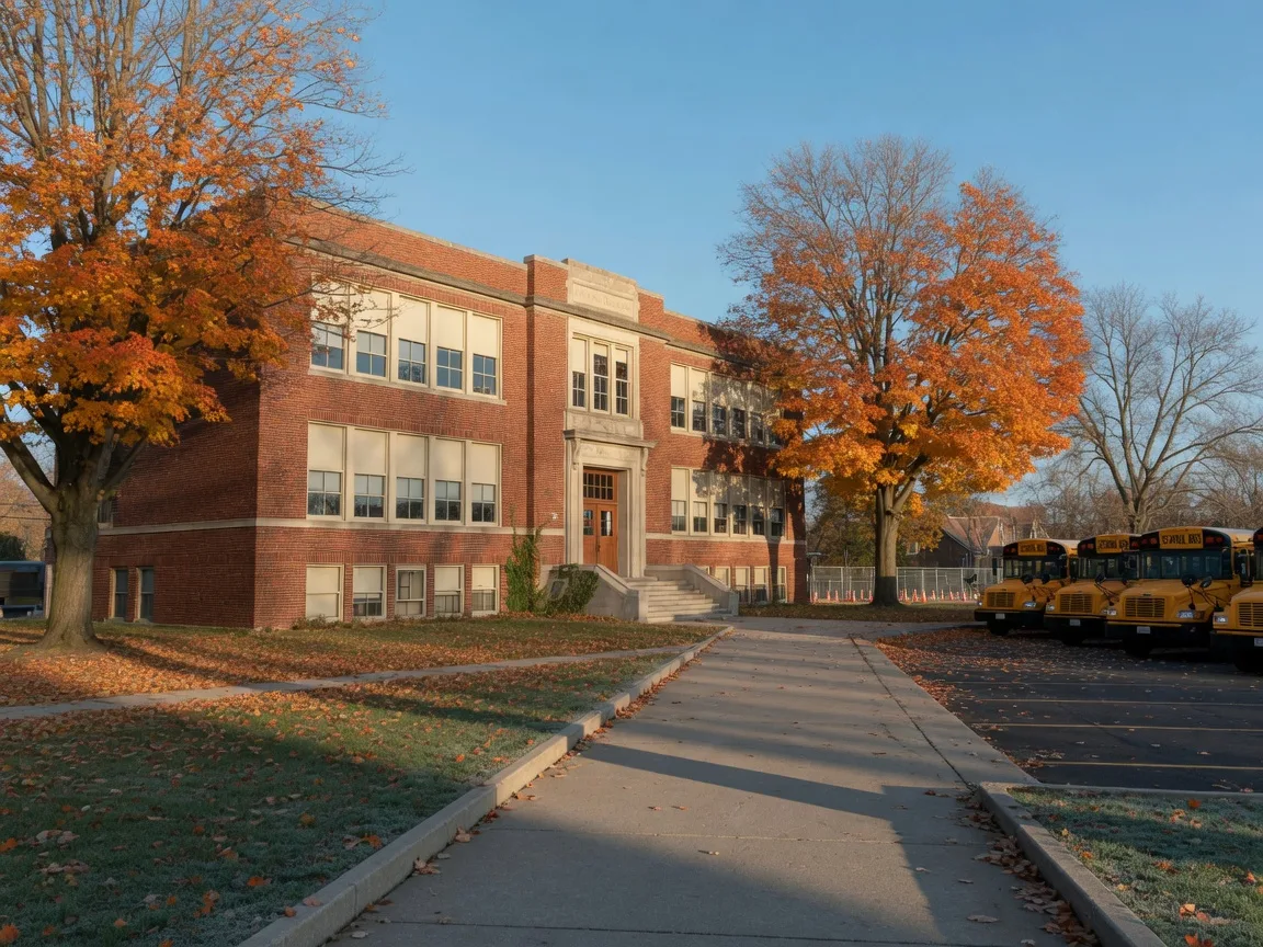 A red-brick Ohio public school building with a stone entrance and tall windows on a crisp late-autumn morning, yellow buses in the lot and sugar maples turning orange and gold around the campus