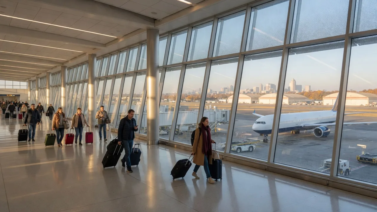The bright interior concourse of Newark Liberty Terminal A with floor-to-ceiling windows, travelers with rolling luggage, and a white jet taxiing on the tarmac beyond the glass