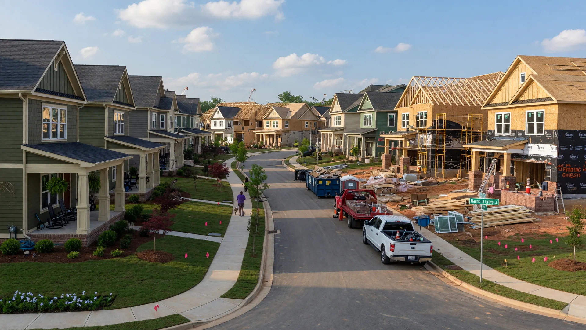 Growing new-construction community in Metro Atlanta with craftsman-style homes at various stages of completion