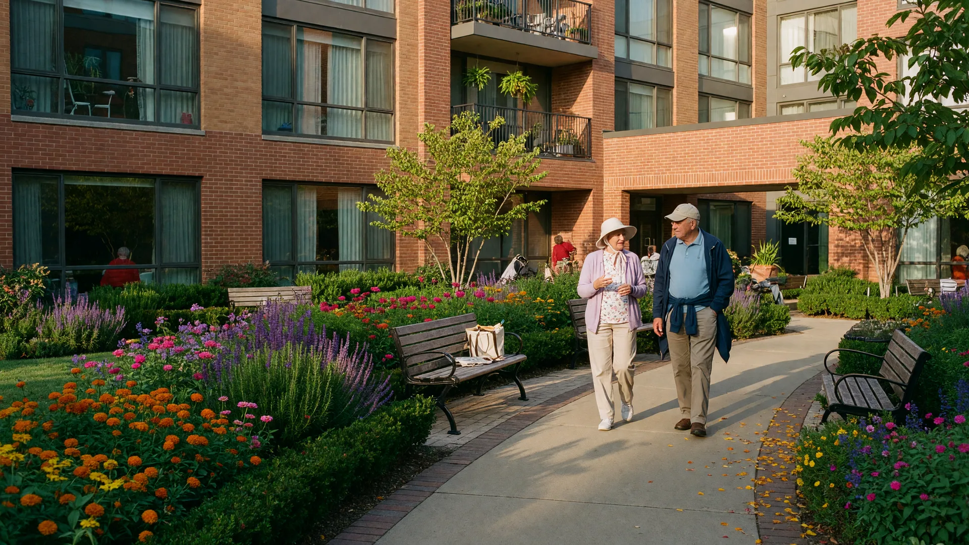 Active senior community with a walking path through landscaped gardens and modern brick buildings