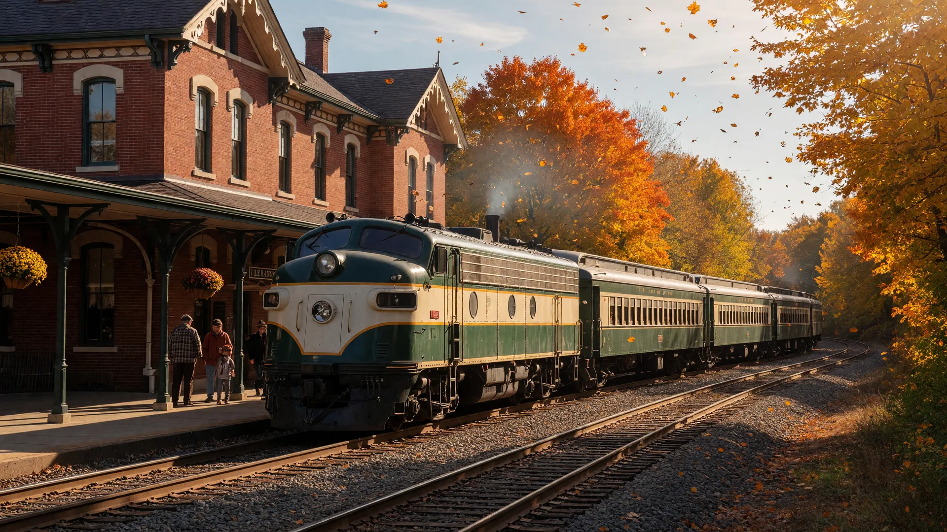 The Lebanon Mason Monroe Railroad heritage train in Lebanon Ohio, a historic diesel locomotive pulling vintage green and cream 1930s open-window passenger coaches away from the Victorian-style station on a crisp early-autumn afternoon with golden leaves and turning trees