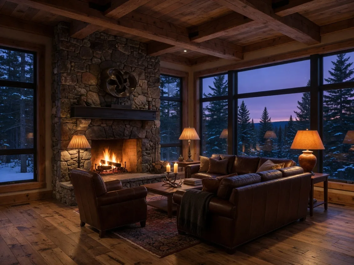 Luxury mountain lodge interior with timber beams and stone fireplace