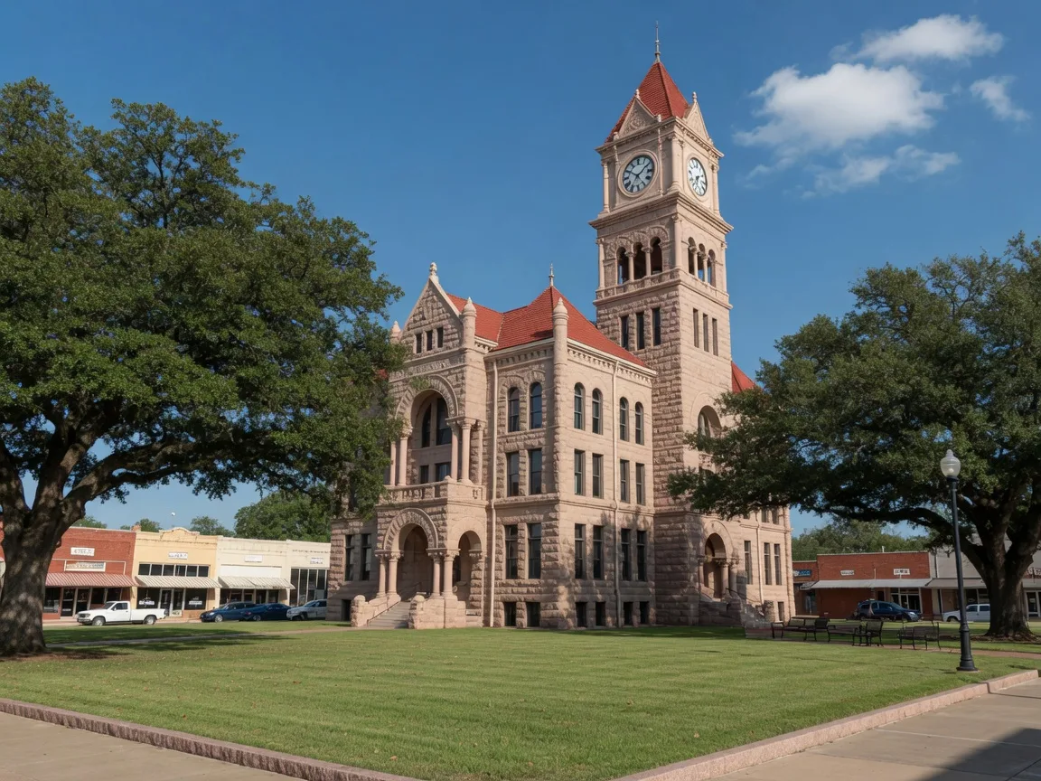 The pink granite Romanesque Revival Llano County Courthouse with its corner clock tower, framed by live oaks on the courthouse square