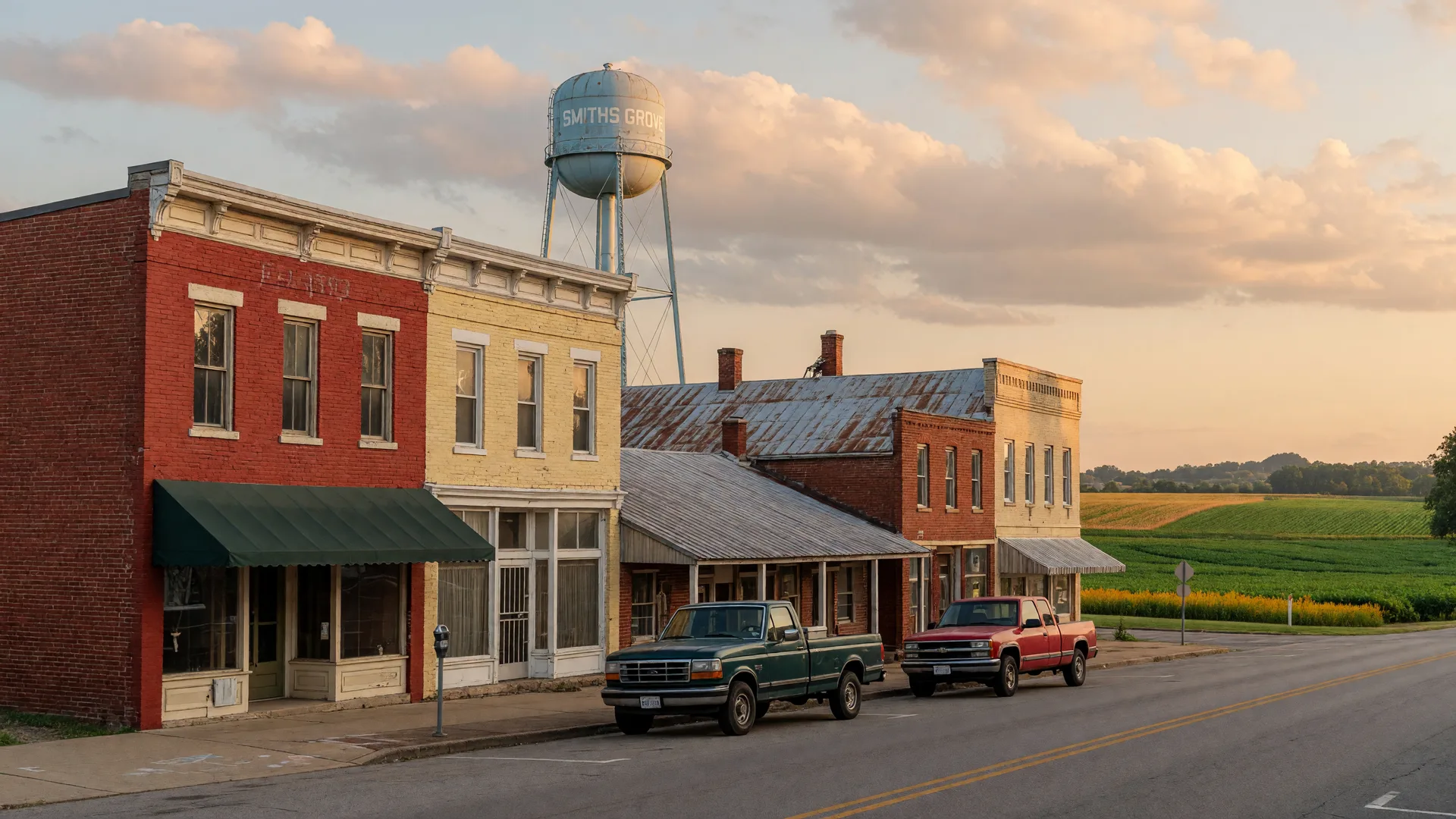 Smiths Grove main street with historic storefronts, a vintage water tower and farmland beyond in golden afternoon light