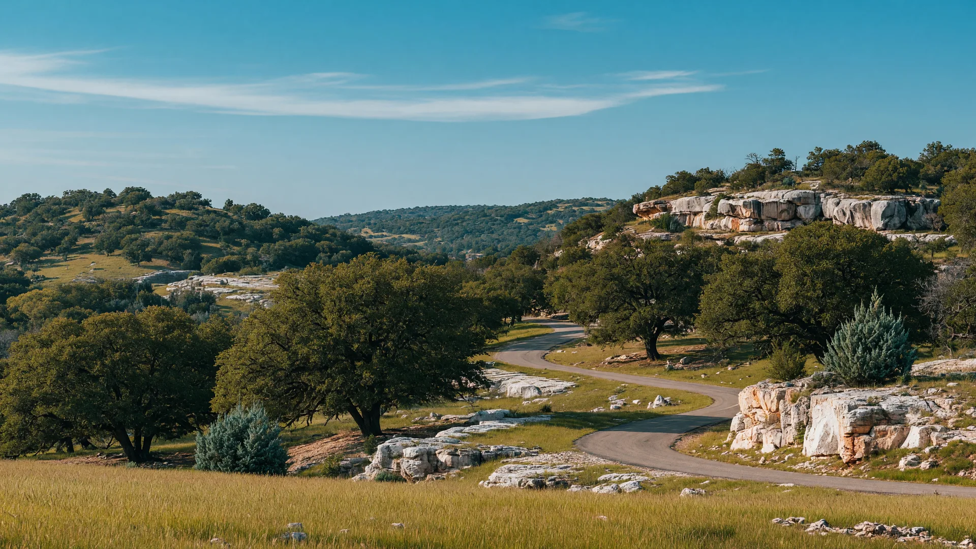 Rolling Texas Hill Country landscape near Bulverde with live oaks and wide-open sky