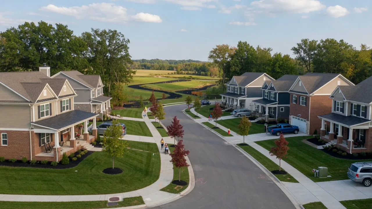 New construction traditional and craftsman homes in the Indianapolis metro with flat Midwest terrain and mature trees
