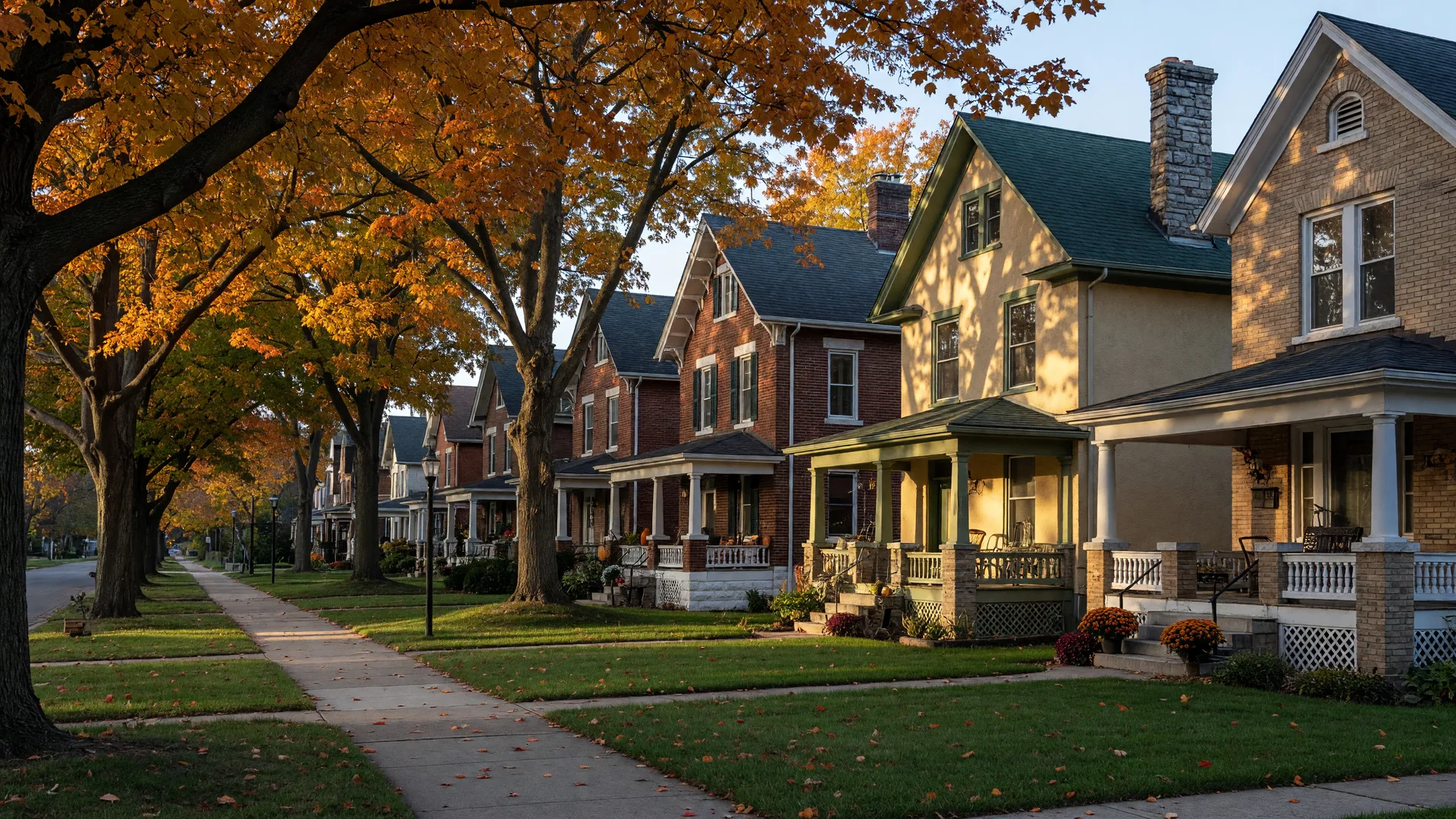 A tree-canopied historic residential street in Oakwood, Ohio on a crisp mid-October morning, early-20th-century brick and stucco homes with steep gabled roofs and deep front porches lining the classic garden-city grid, maples and oaks turning orange and gold in warm low morning light