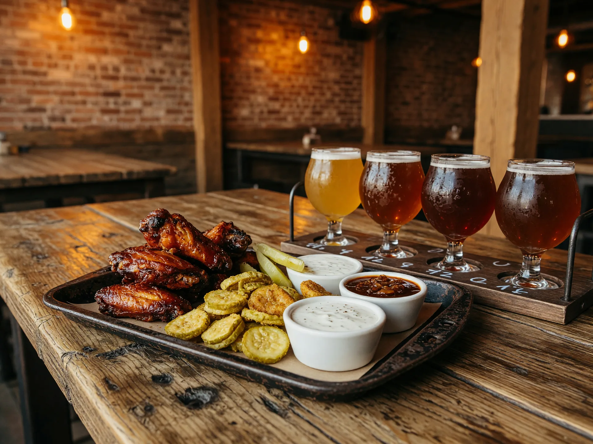 Smoked wings and fried pickles with craft beer flights at The Artisan gathering place in Buford Georgia