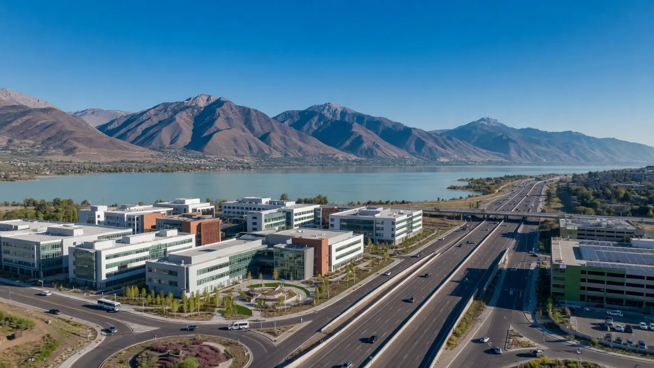 Lehi, Utah's Silicon Slopes tech corridor — modern office buildings, Thanksgiving Point area, with the Traverse Mountain and Utah Lake backdrop