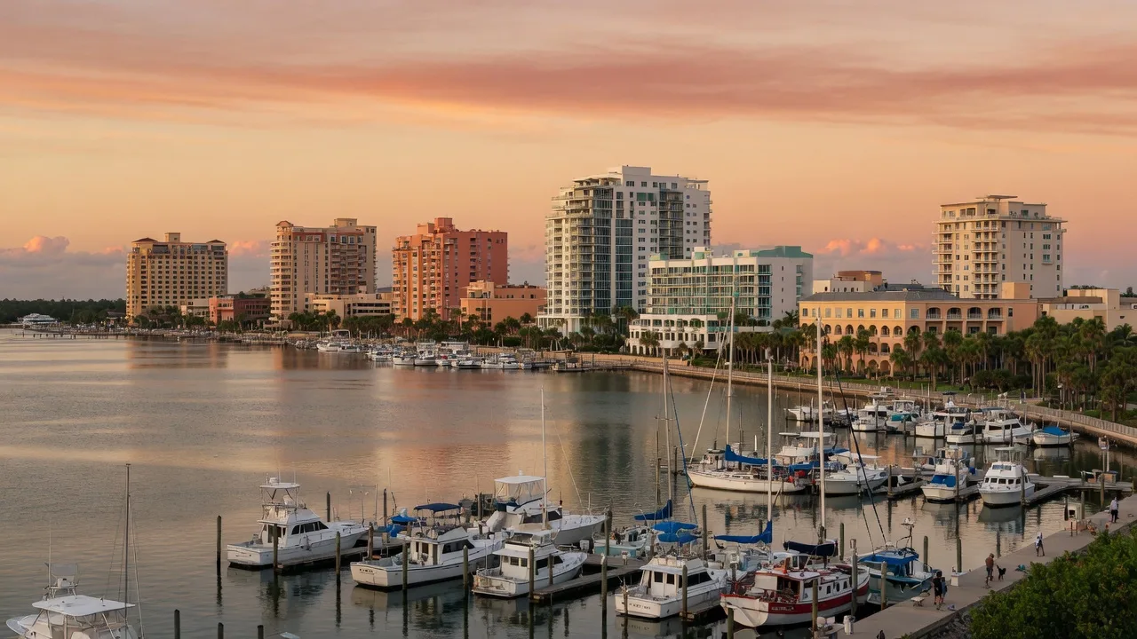 A Texas coastal city bayfront skyline at golden hour