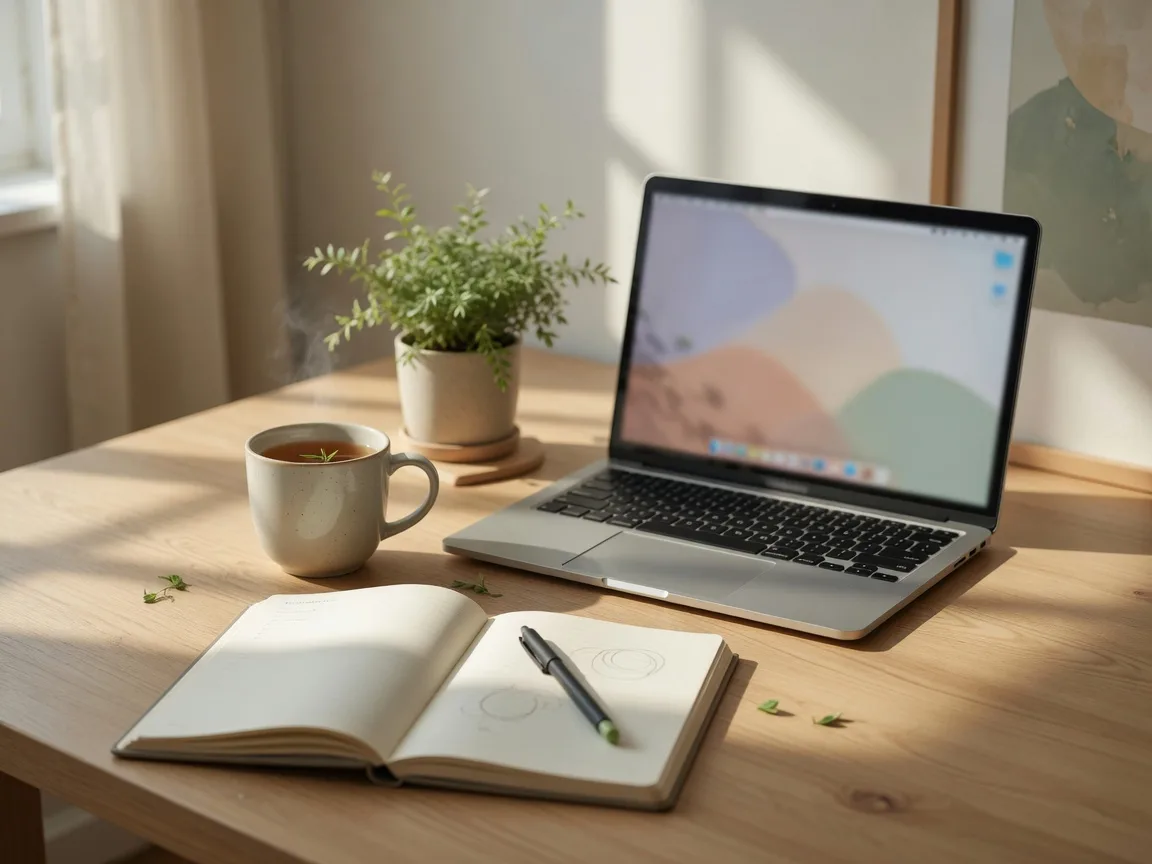 A tidy desk with a laptop, a mug of tea, and a small plant for a telehealth appointment
