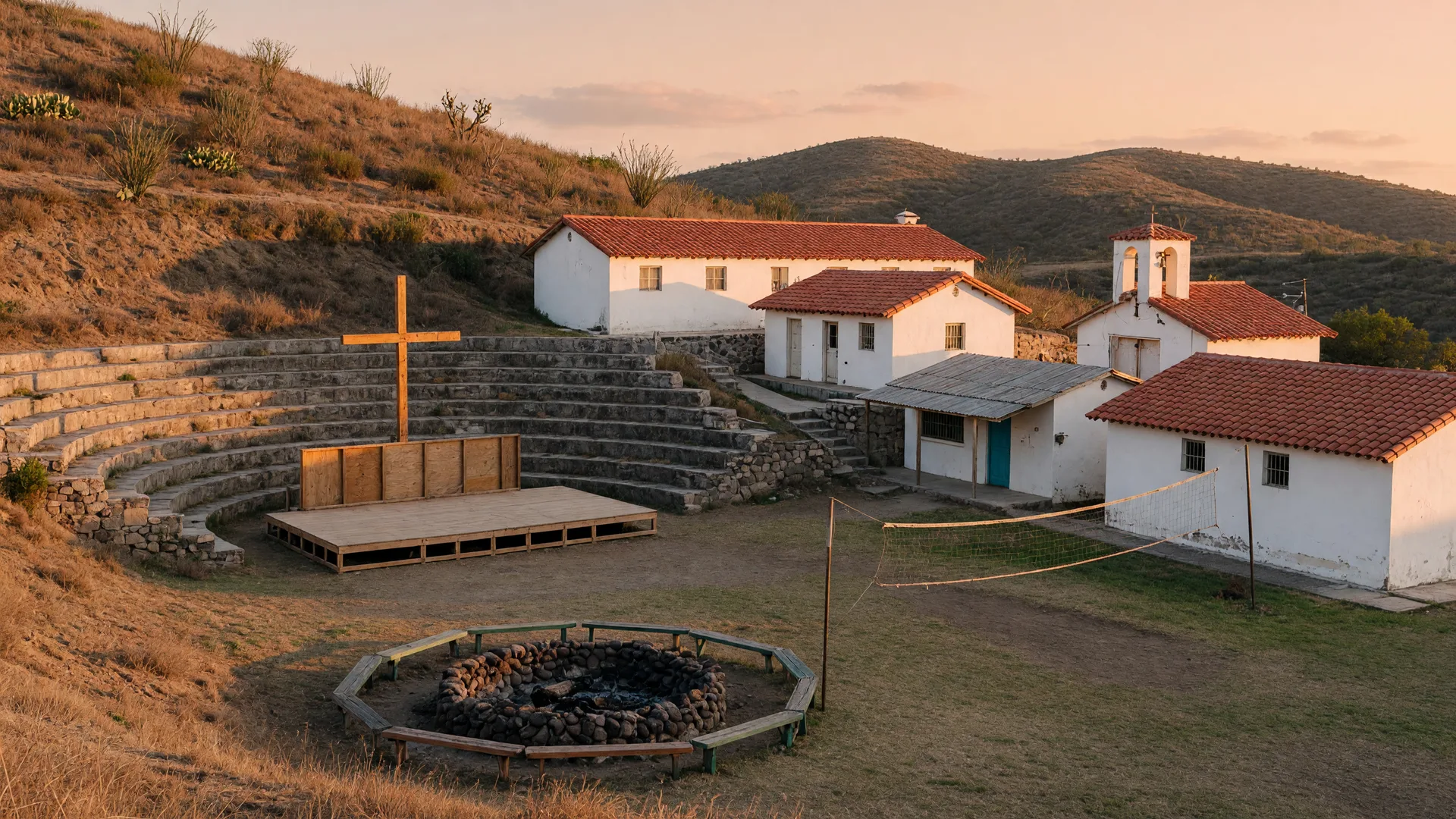 Whitewashed mission camp buildings and a stone amphitheater at Rancho El Refugio at golden hour