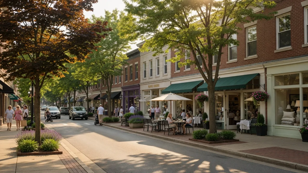 Charming downtown Wyomissing Pennsylvania shopping district on a bright sunny afternoon with tree-lined streets and upscale storefronts