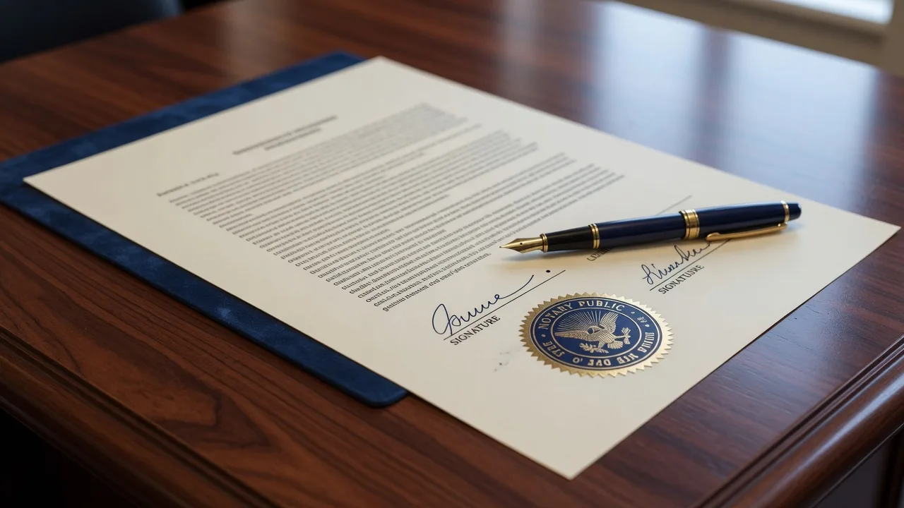 Legal document with signature line and notary stamp on a dark wood desk with fountain pen