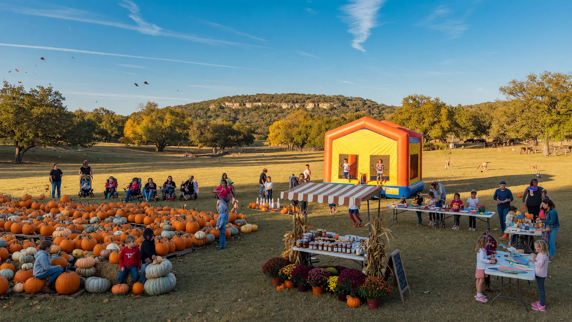 A Texas Hill Country pumpkin patch on a bright October afternoon with rows of pumpkins, hay bales, and a rustic market stand
