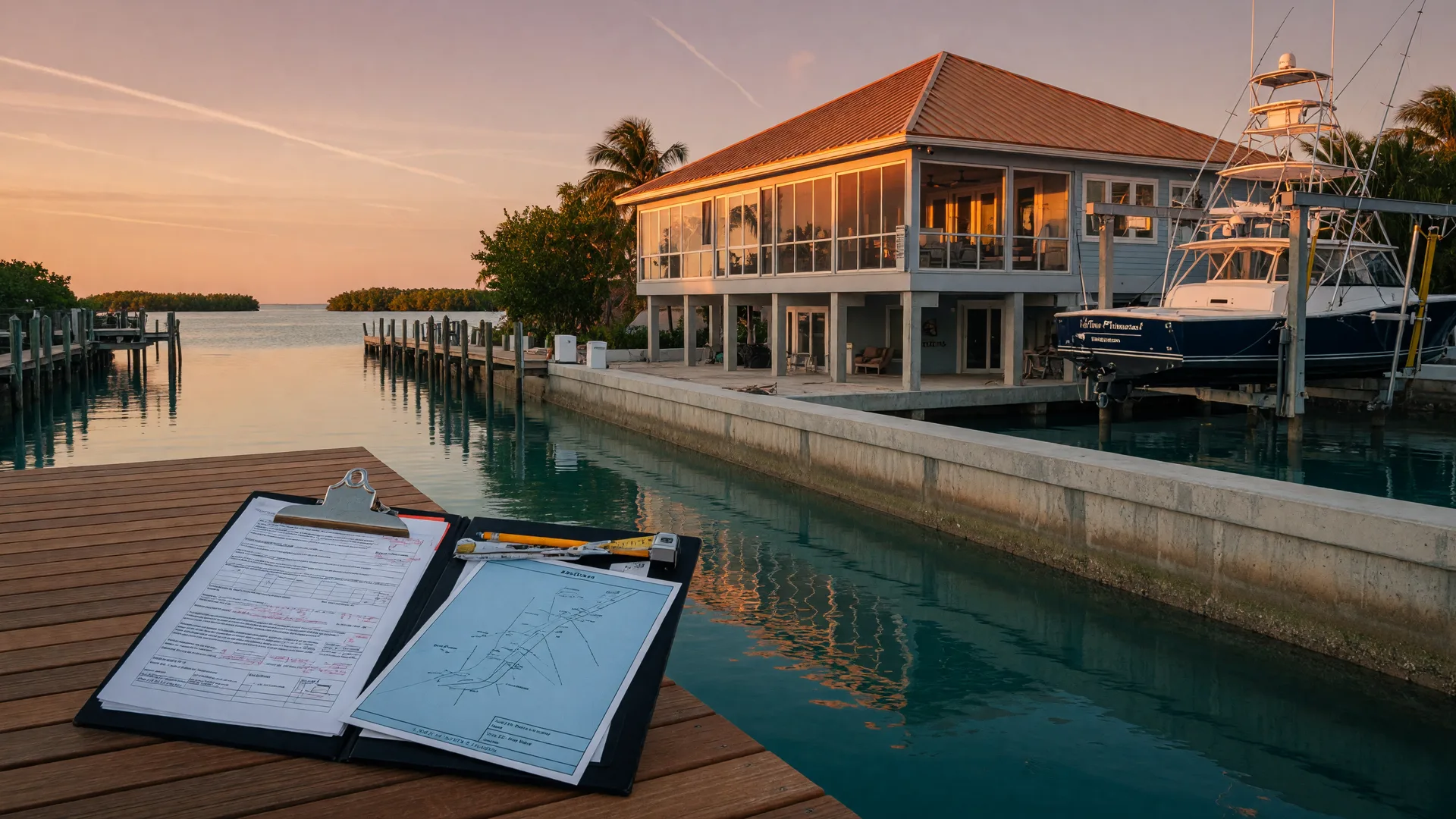 An open contractor's clipboard holding a printed inspection report on a teak dock deck, a deep-water canal with an elevated luxury waterfront home, concrete seawall, and boat lift with a sportfishing yacht in golden-hour light