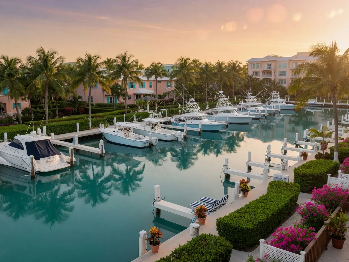Rows of dockominium slips with yachts and center-console boats moored along manicured tropical docks at a luxury Florida Keys condo marina in warm late afternoon light
