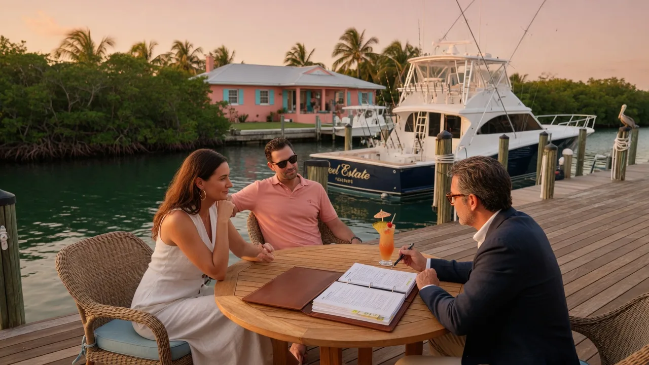 Luxury home financing consultation on a waterfront deck in the Florida Keys at golden hour, with loan documents on a teak table and a sportfishing yacht at dock