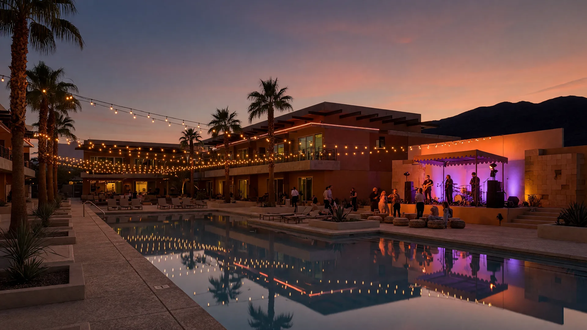 Modern Southwest Las Vegas entertainment district at dusk with a glowing poolside concert stage, string lights between palm trees, and desert mountains on the horizon