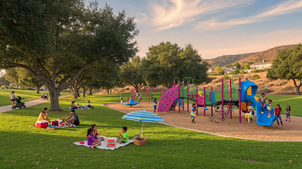 Children playing on a colorful playground at a sunny community park in Murrieta, California