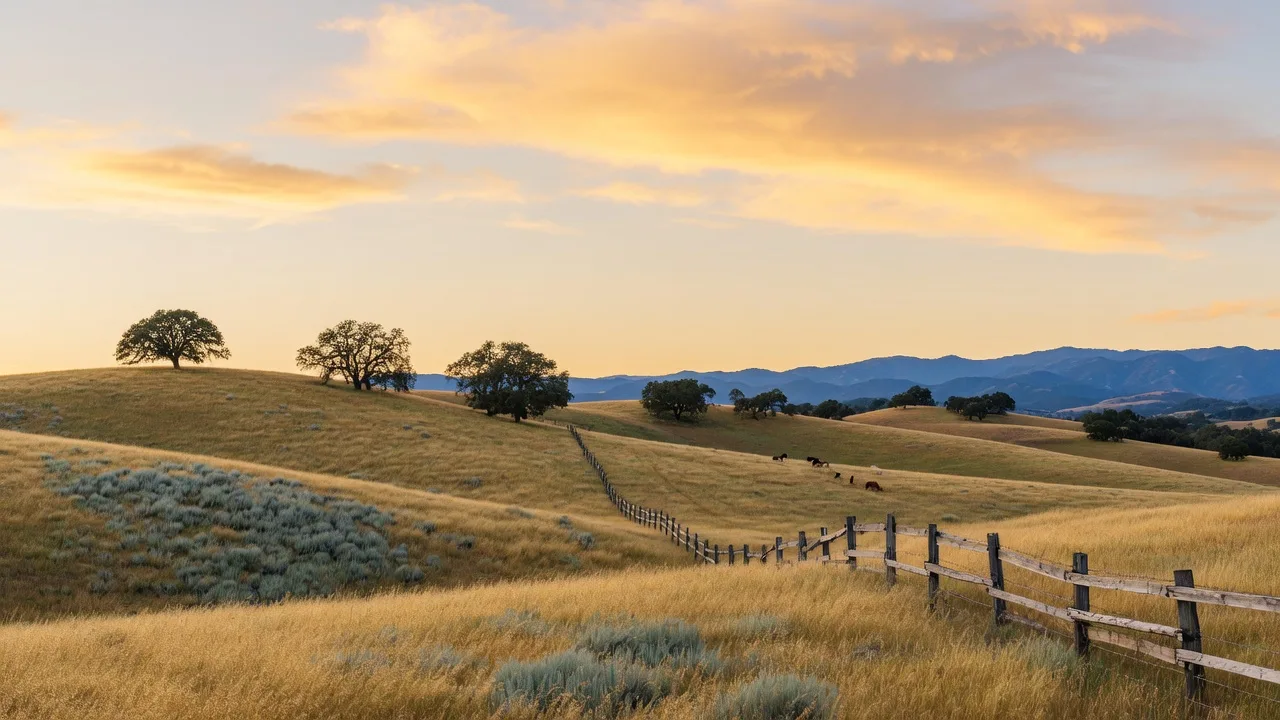 Golden ranchland hills of Rancho Mission Viejo at sunset, with a fence line, live oaks, and distant blue ridgelines