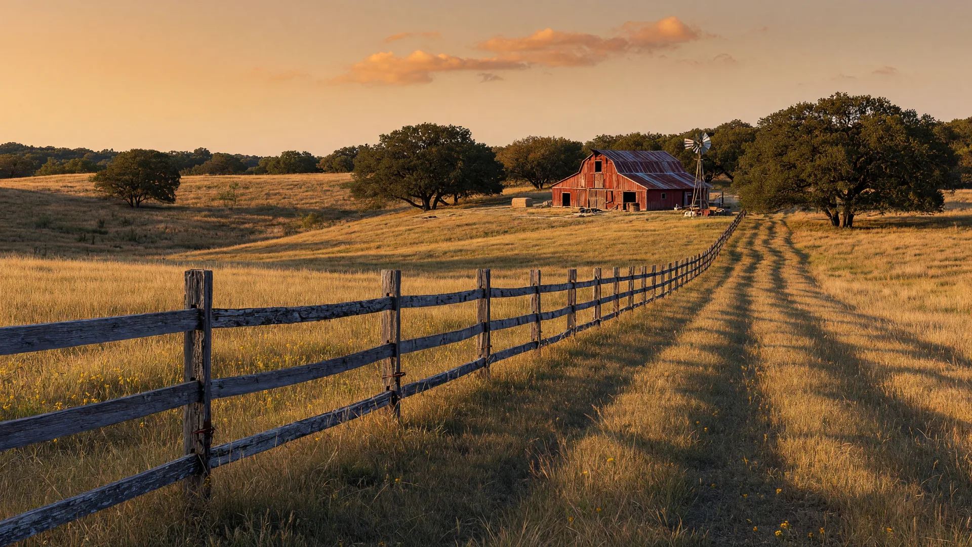 A golden-hour Texas Hill Country ranch panorama with split-rail fencing, live oaks, and a distant barn