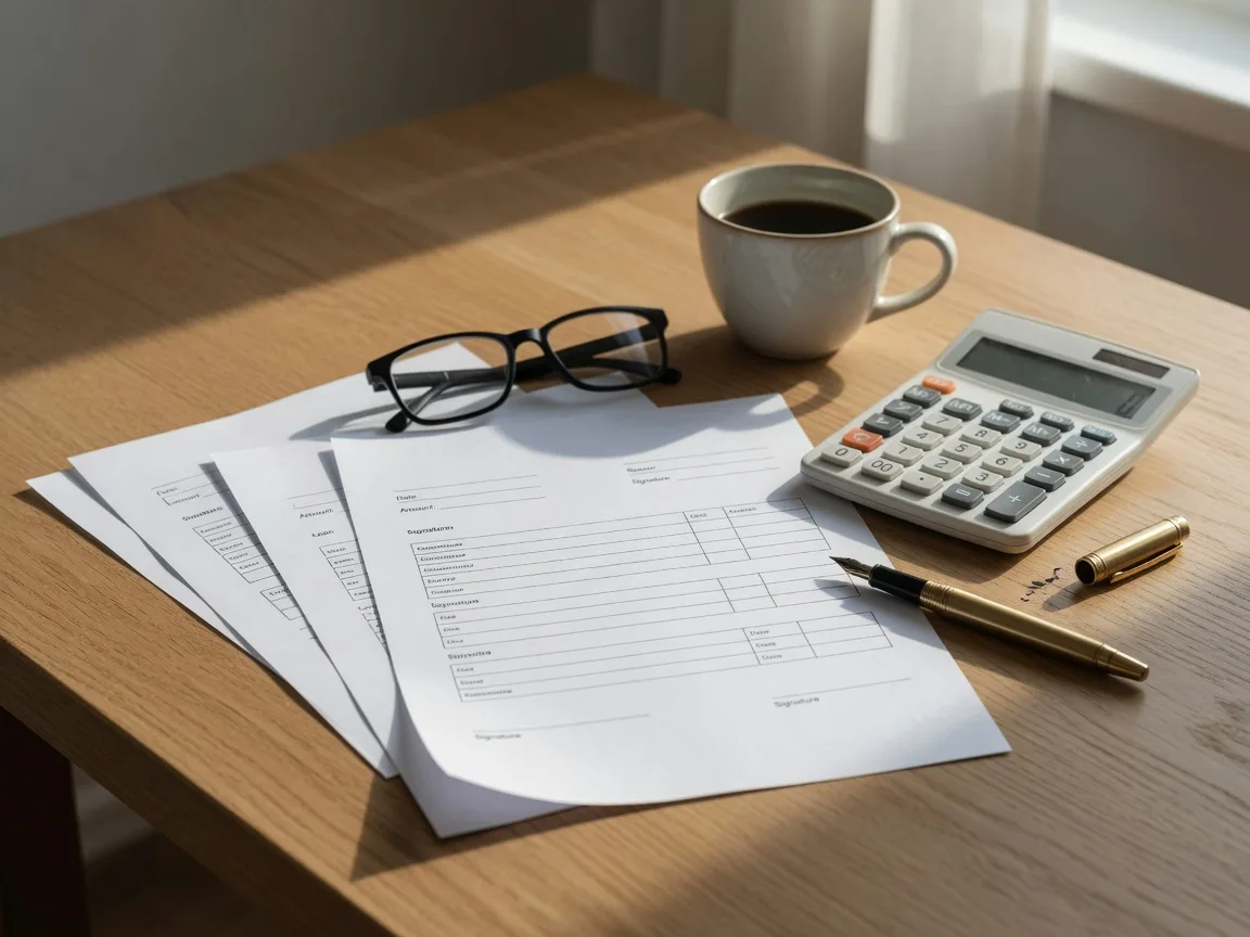 Blank loan documents and a calculator on a warm wooden desk, ready to compare lender costs line by line