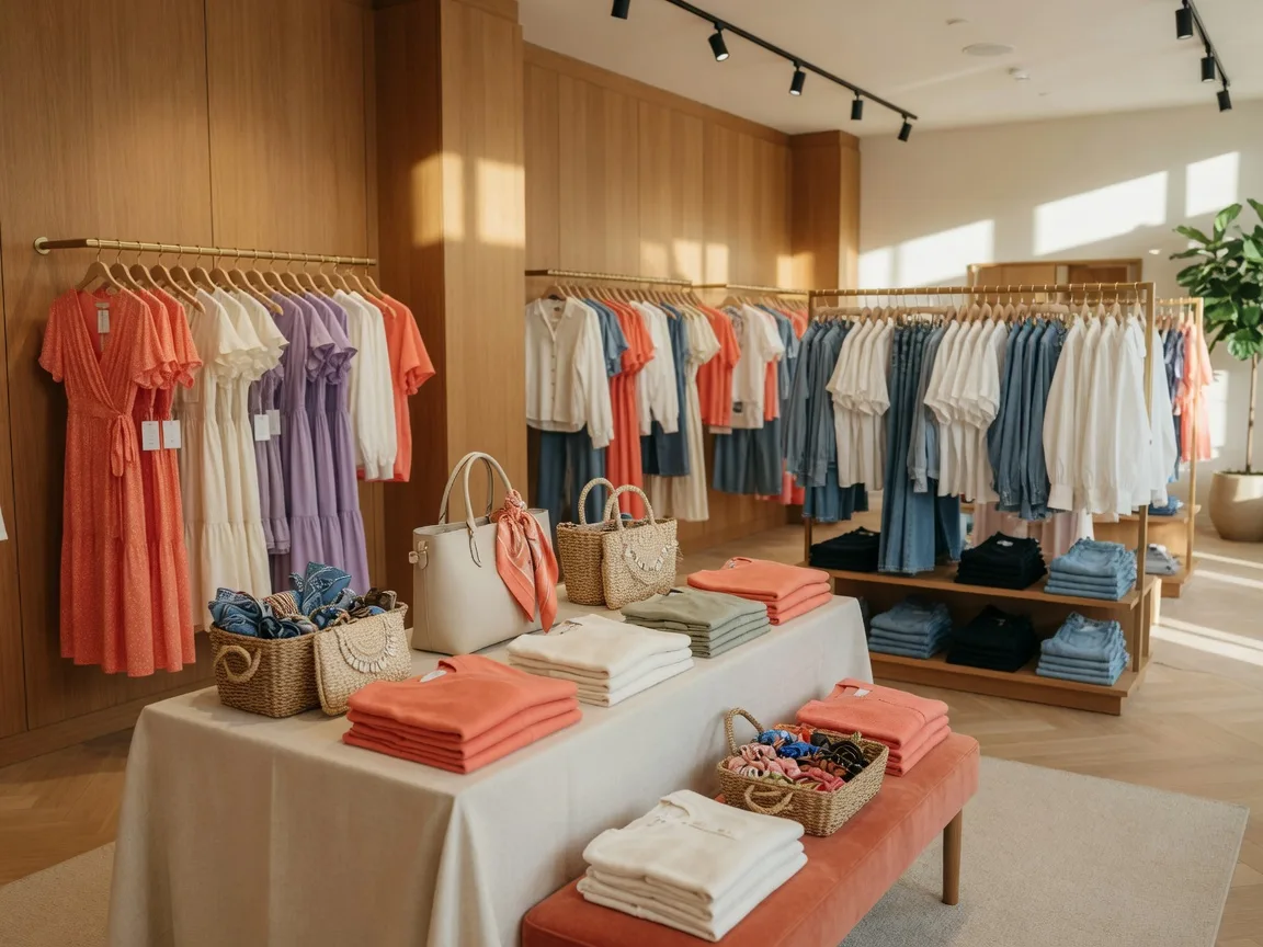Bright interior of a polished women's clothing boutique with colorful dresses on racks and a central display table
