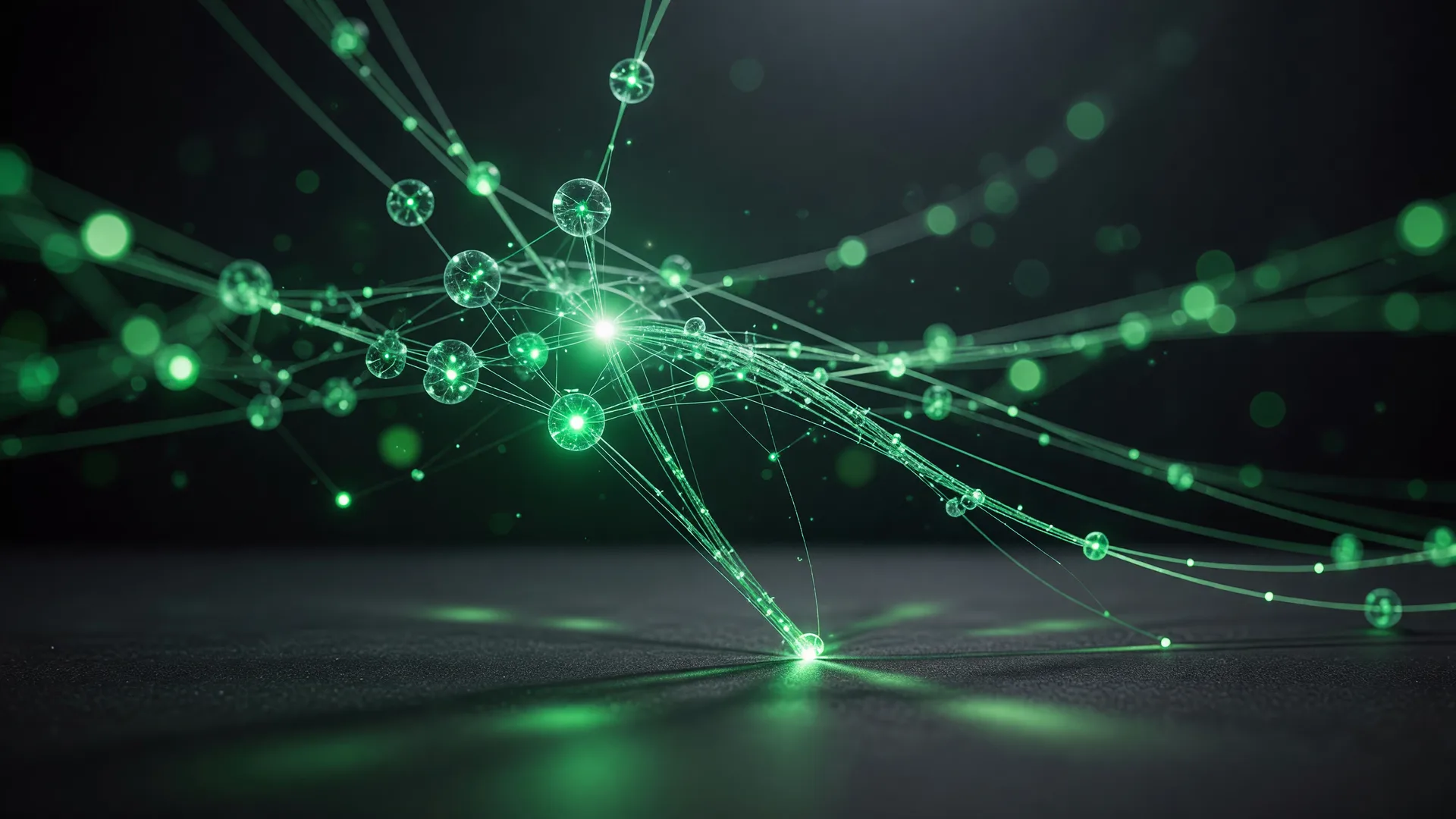 Luminous green light threads and nodes weaving through dark space, representing artificial intelligence search