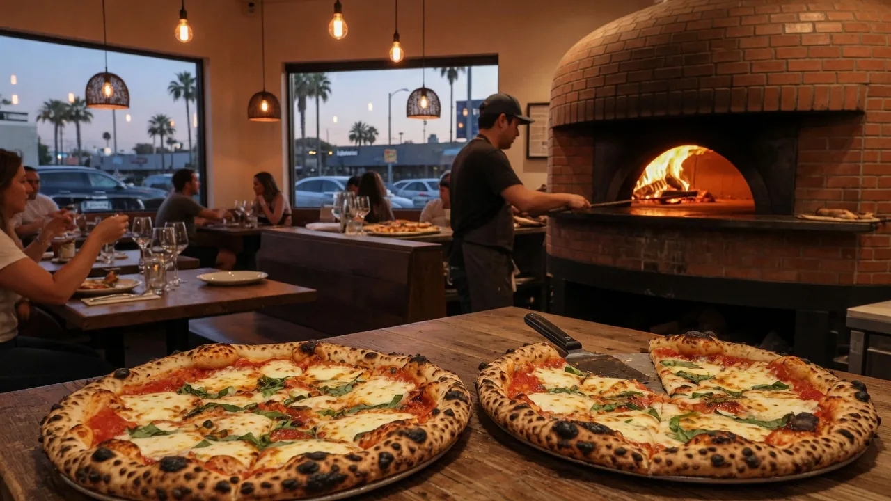 Modern Neapolitan pizzeria in Costa Mesa with a wood-fired brick oven, leopard-spotted margherita pies with fresh basil, and warm pendant-lit interior