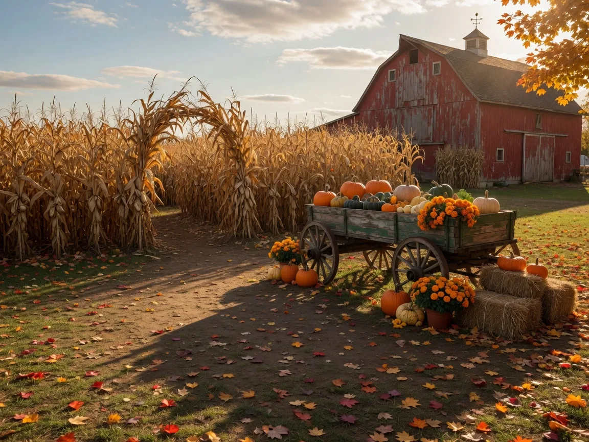 Golden corn maze and a wagon piled with pumpkins at a fall farm festival near Oshawa