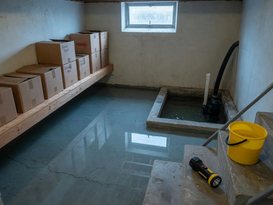 Residential basement with shallow standing water and a sump pit after flooding