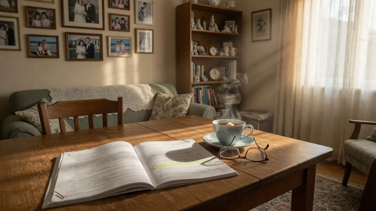 Senior couple's home interior with legal document and cup of tea, representing Medicaid estate recovery concerns