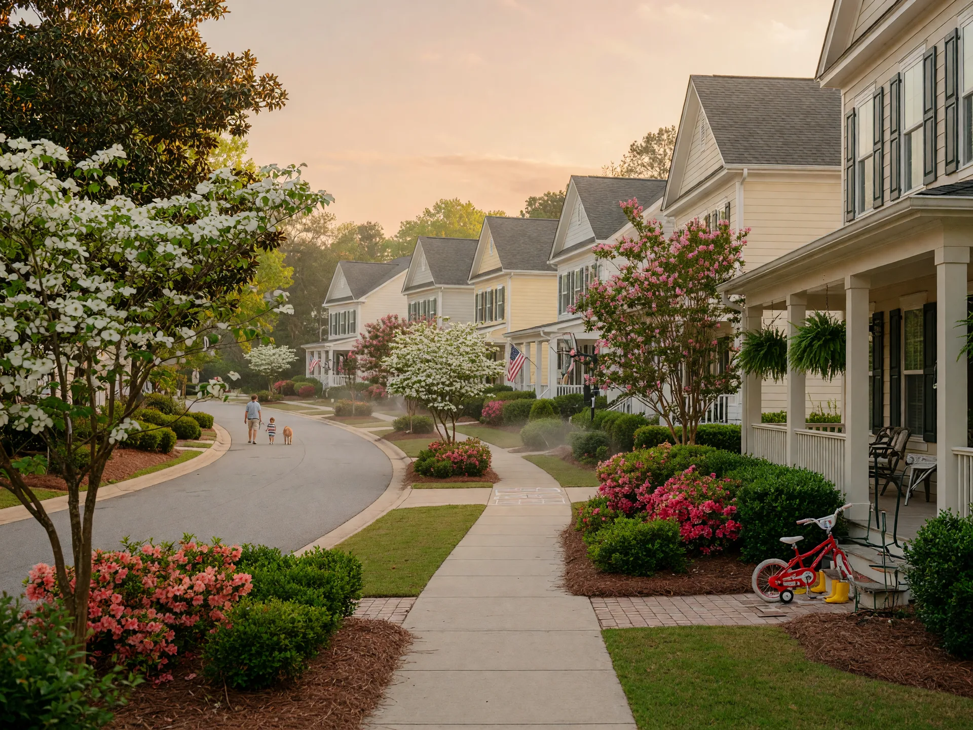 Tree-lined family-friendly street with front porch homes in Fort Mill South Carolina at golden hour