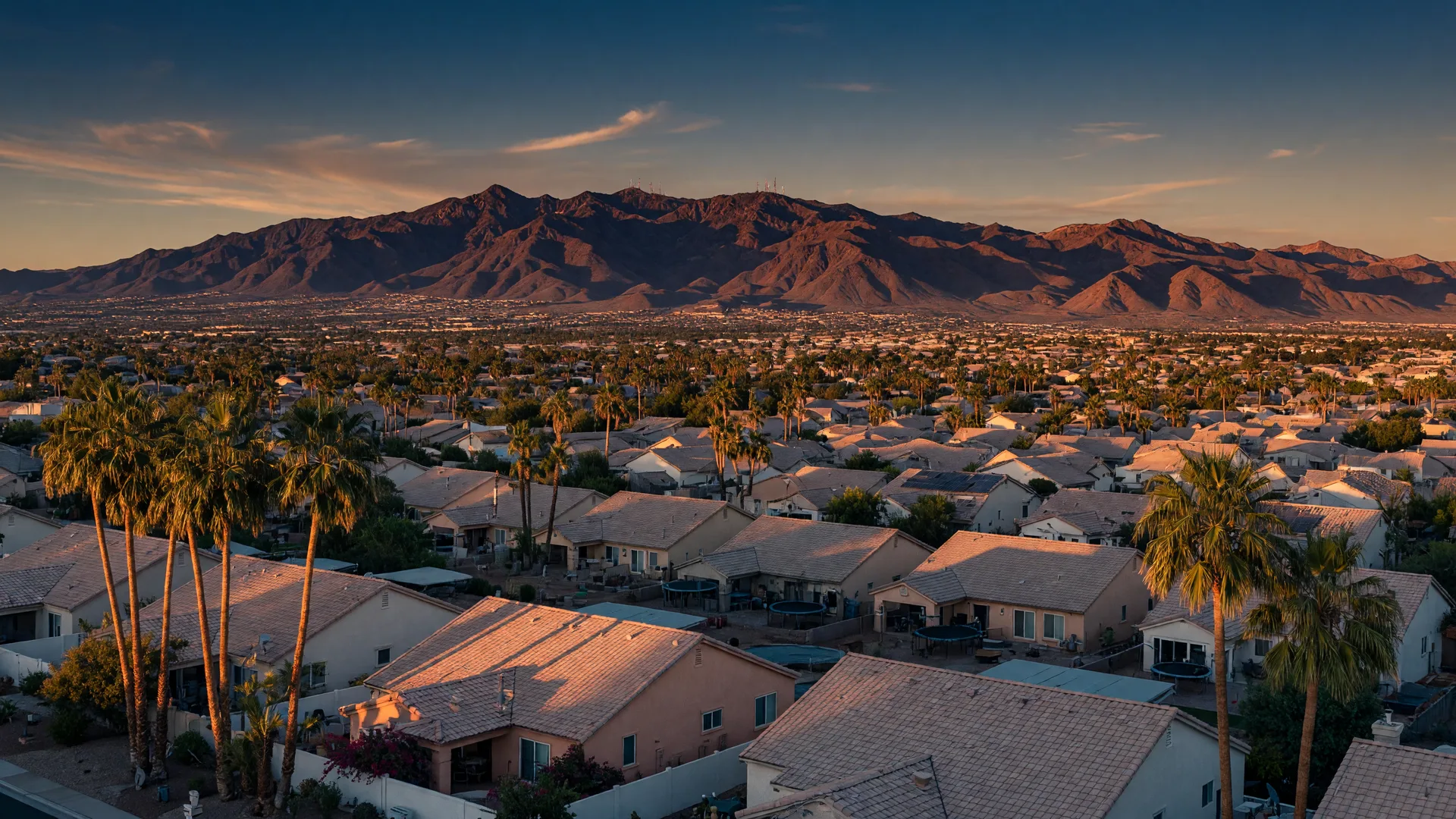 Henderson, Nevada at golden hour with the McCullough mountains in the distance
