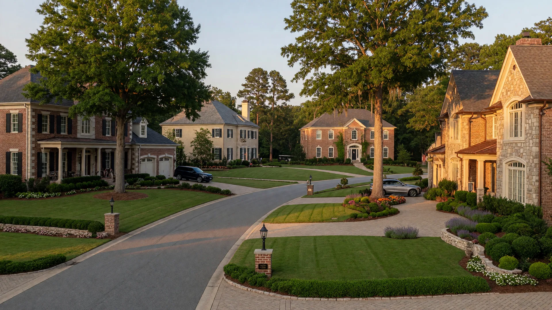 Upscale brick-and-stone estate homes on a tree-lined street in Weddington North Carolina at golden hour