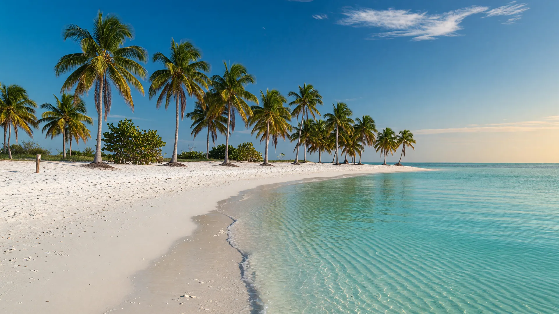 Pristine Florida Keys beach with calm turquoise water, soft white sand, and swaying palm trees under a clear blue sky