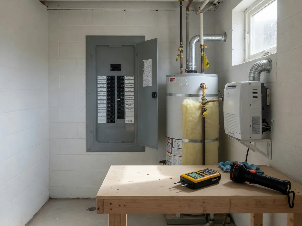 An open electrical panel, water heater, and HVAC unit in a Boulder home's utility area with an inspector's moisture meter and flashlight on the workbench