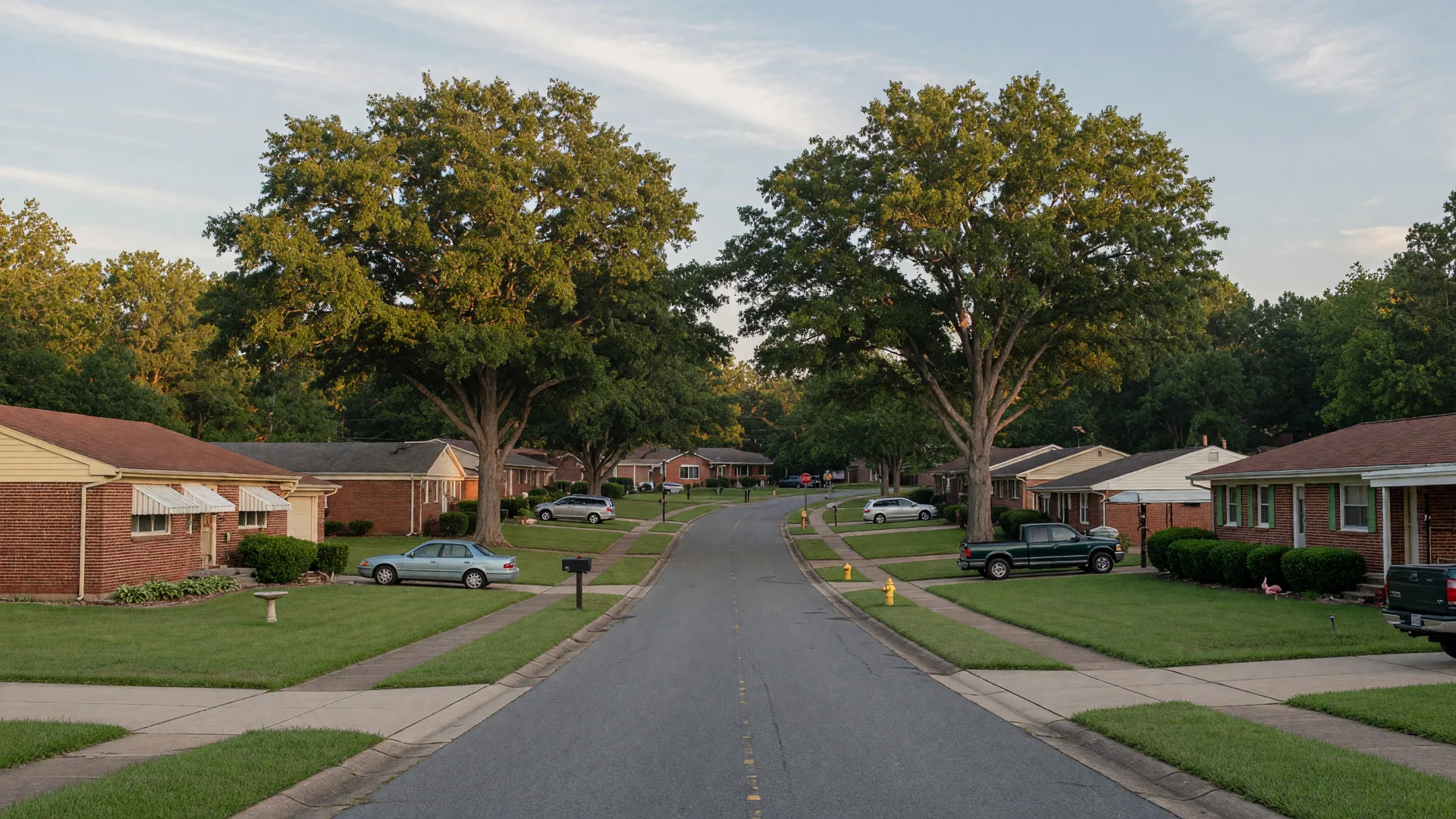 A tree-lined street of red-brick rambler homes in Suitland, Maryland in golden morning light