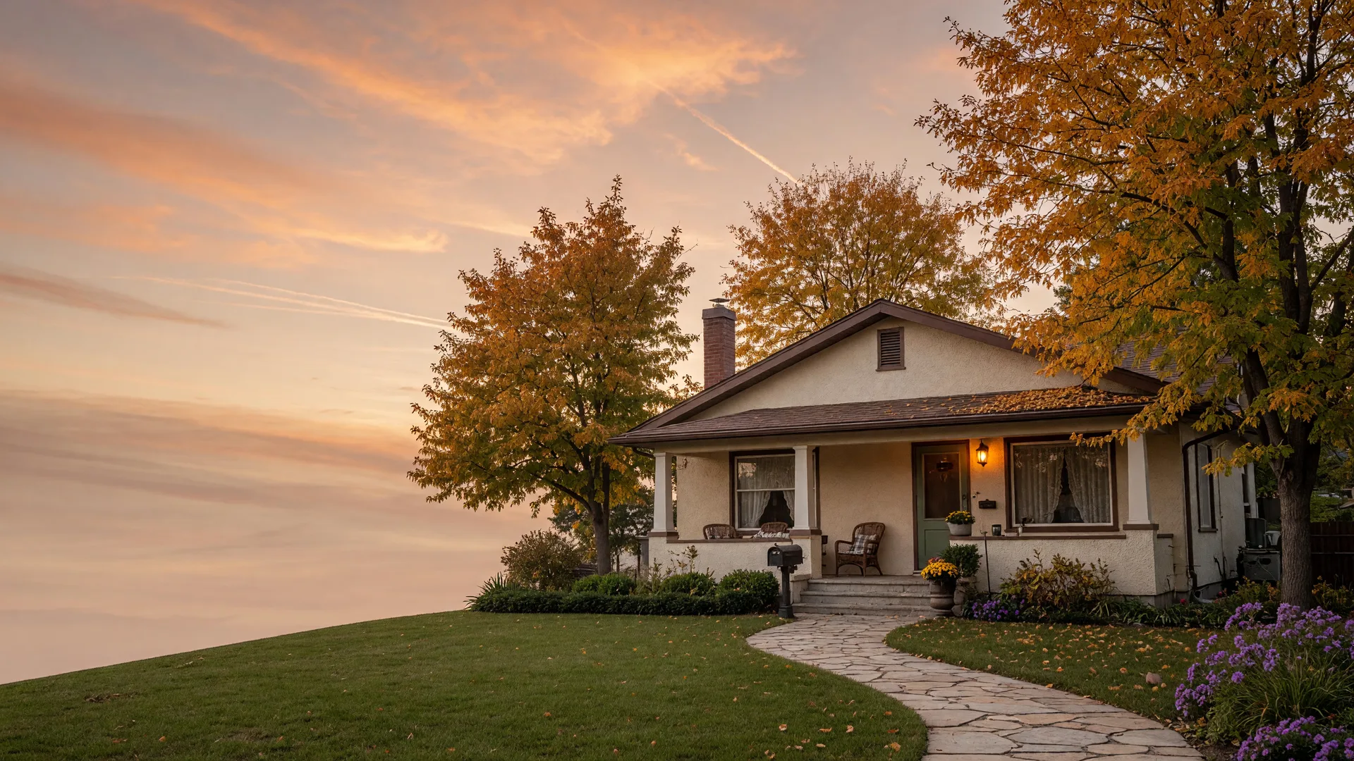 Welcome home: a single-story Calgary home at golden hour with a cozy lantern-lit porch
