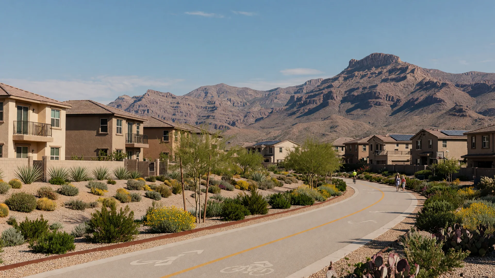 A multi-use walking and cycling trail winding through a desert master-planned community near Sloan Canyon, representative illustrative imagery